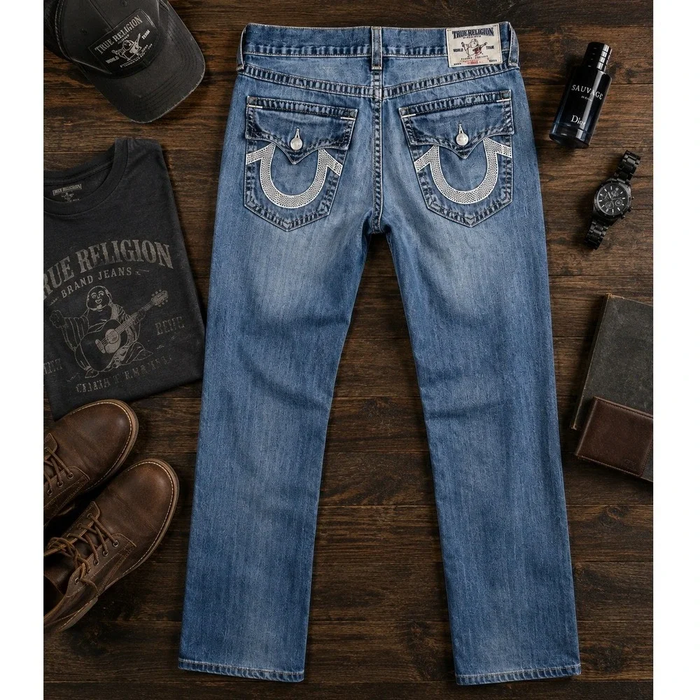 True Religion Jeans Mens 38 Blue Section Straight White Stitch Made in USA Y2K